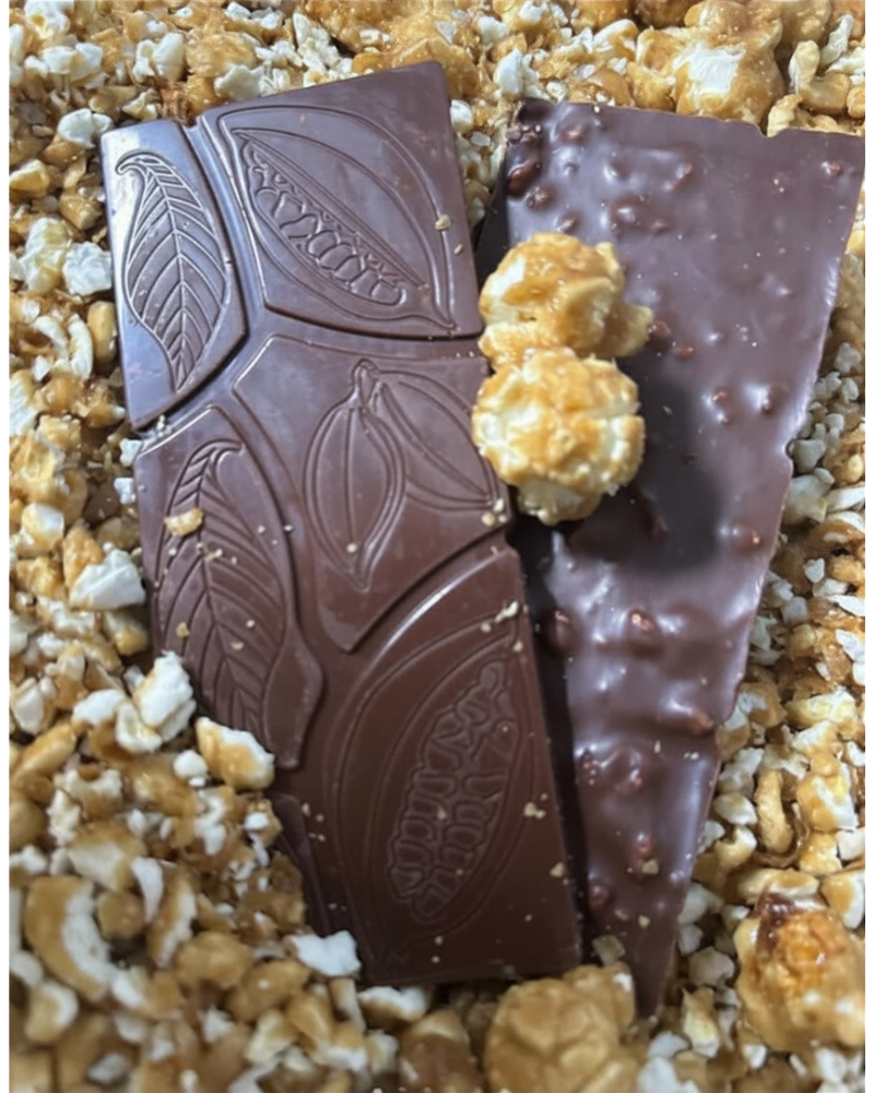 Dark chocolate bar with popcorn for ChocoFest